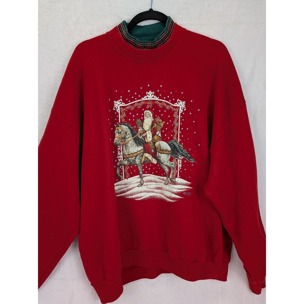 Vintage 90s Christmas Sweatshirt Women 2X Red Mock Neck Glitter Granny Santa Mom